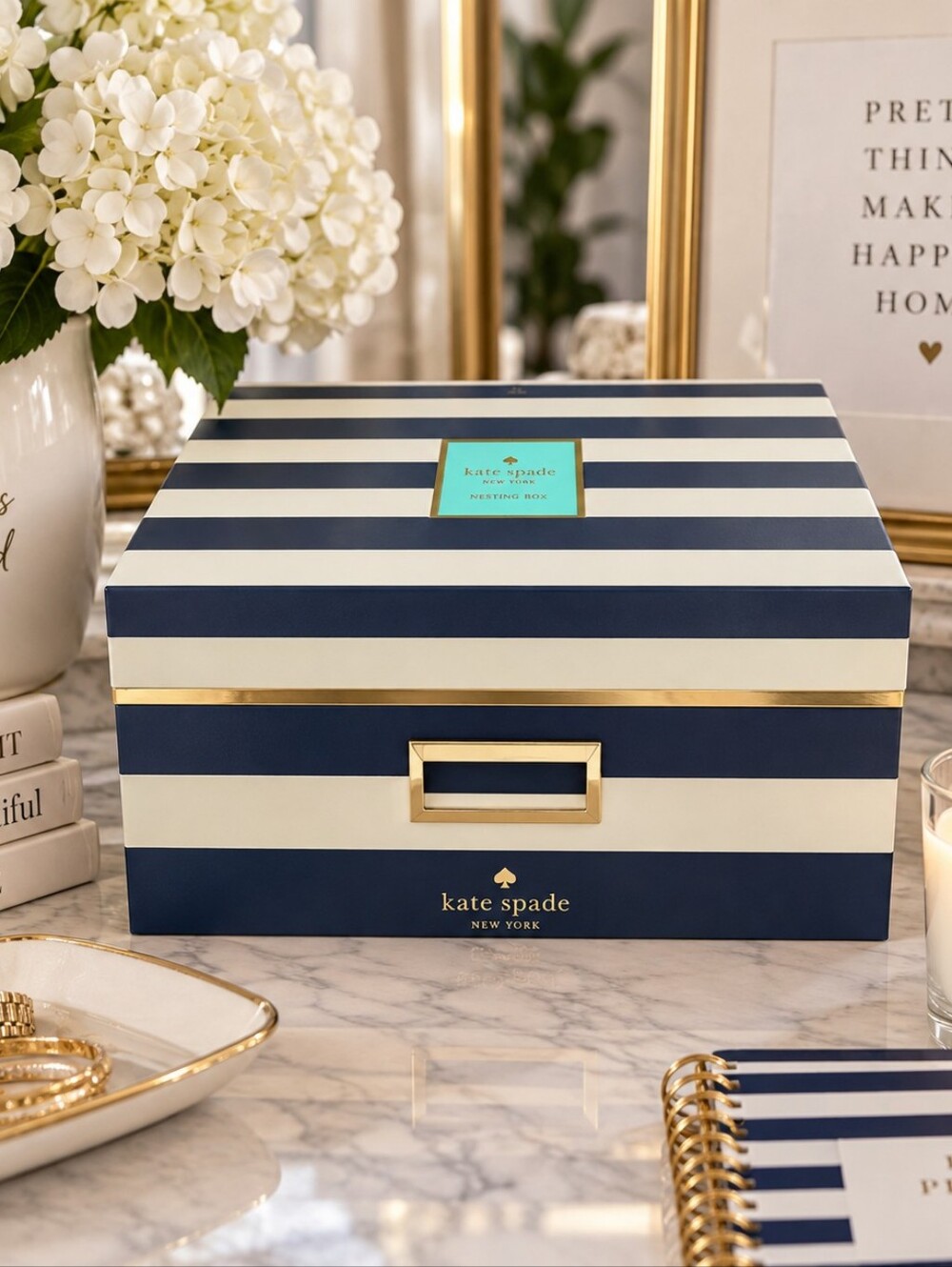 Kate Spade New York Navy Stripe Large Nesting Storage Box Gold Accent